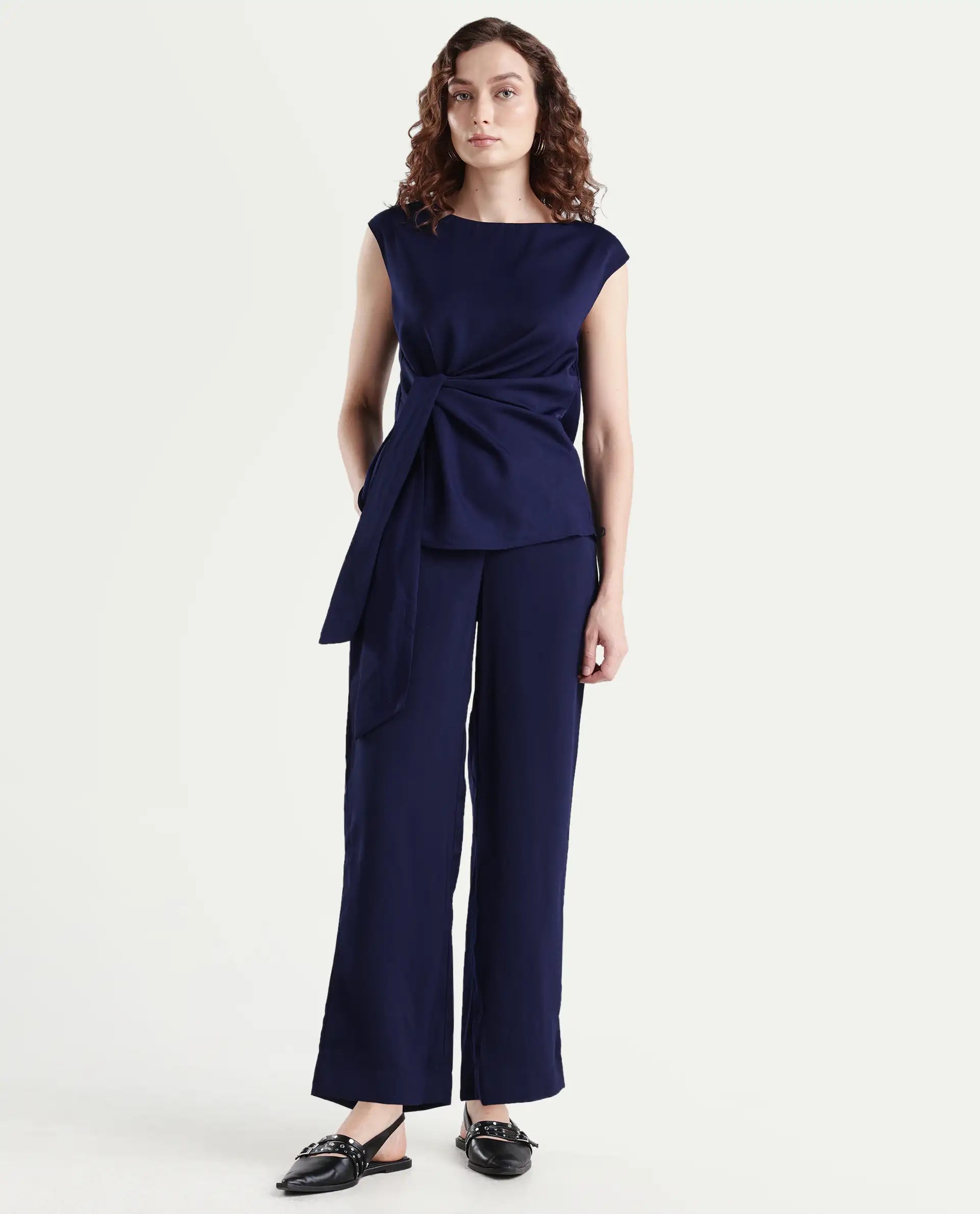 Rareism Women's Leville-B Dark Blue Polyester Blend Plain Straight Fit Trouser