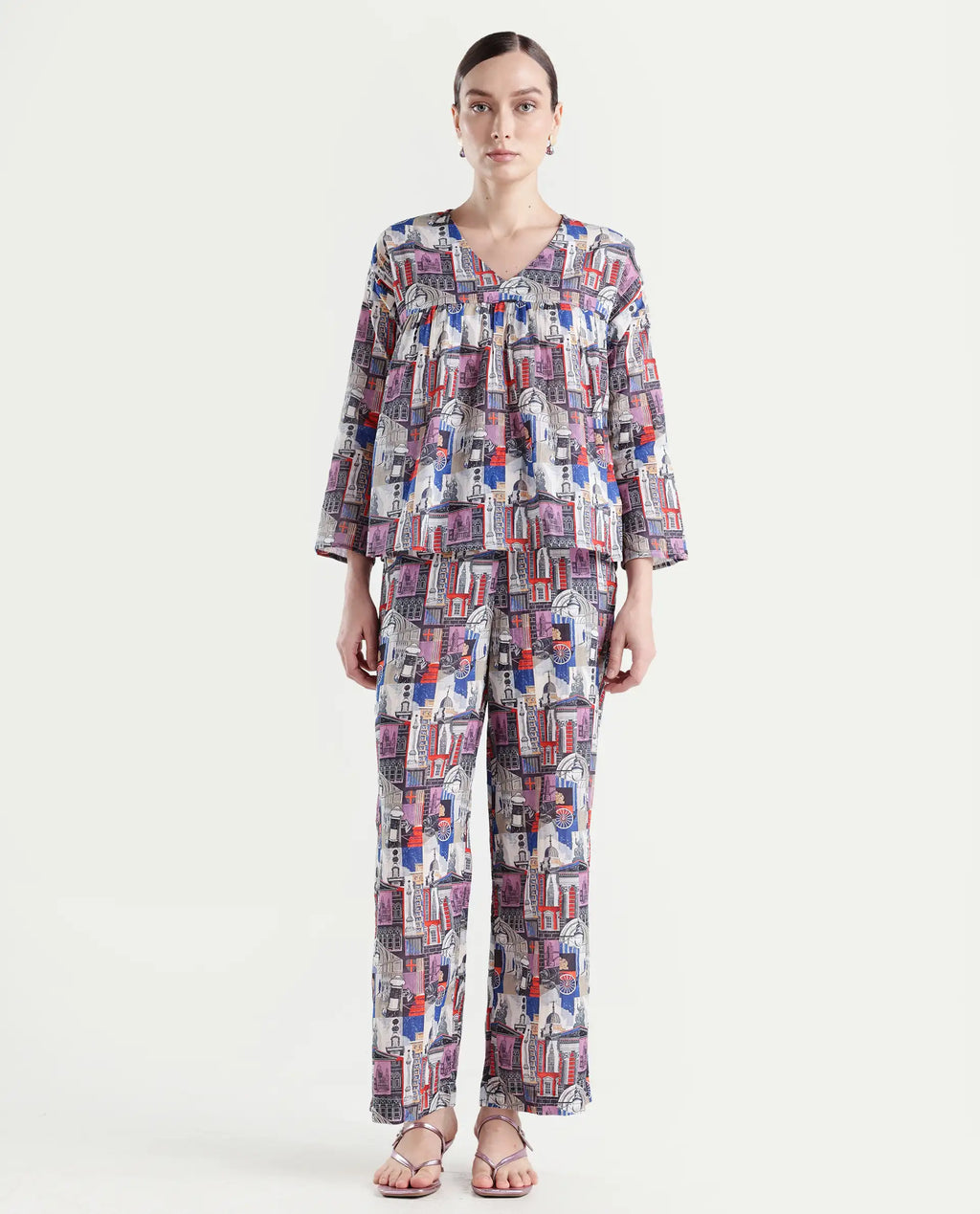 Rareism Women's Rinata-B Multi Cotton Abstract Print Ankle Length Straight Fit Trouser