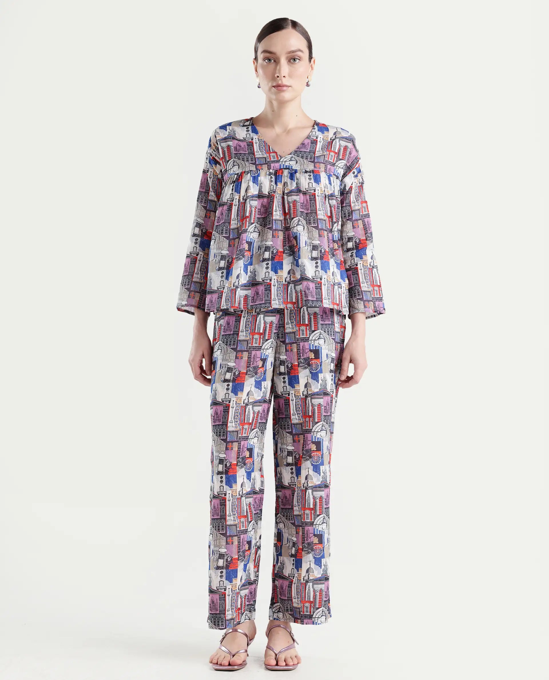 Rareism Women's Rinata-B Multi Cotton Abstract Print Ankle Length Straight Fit Trouser