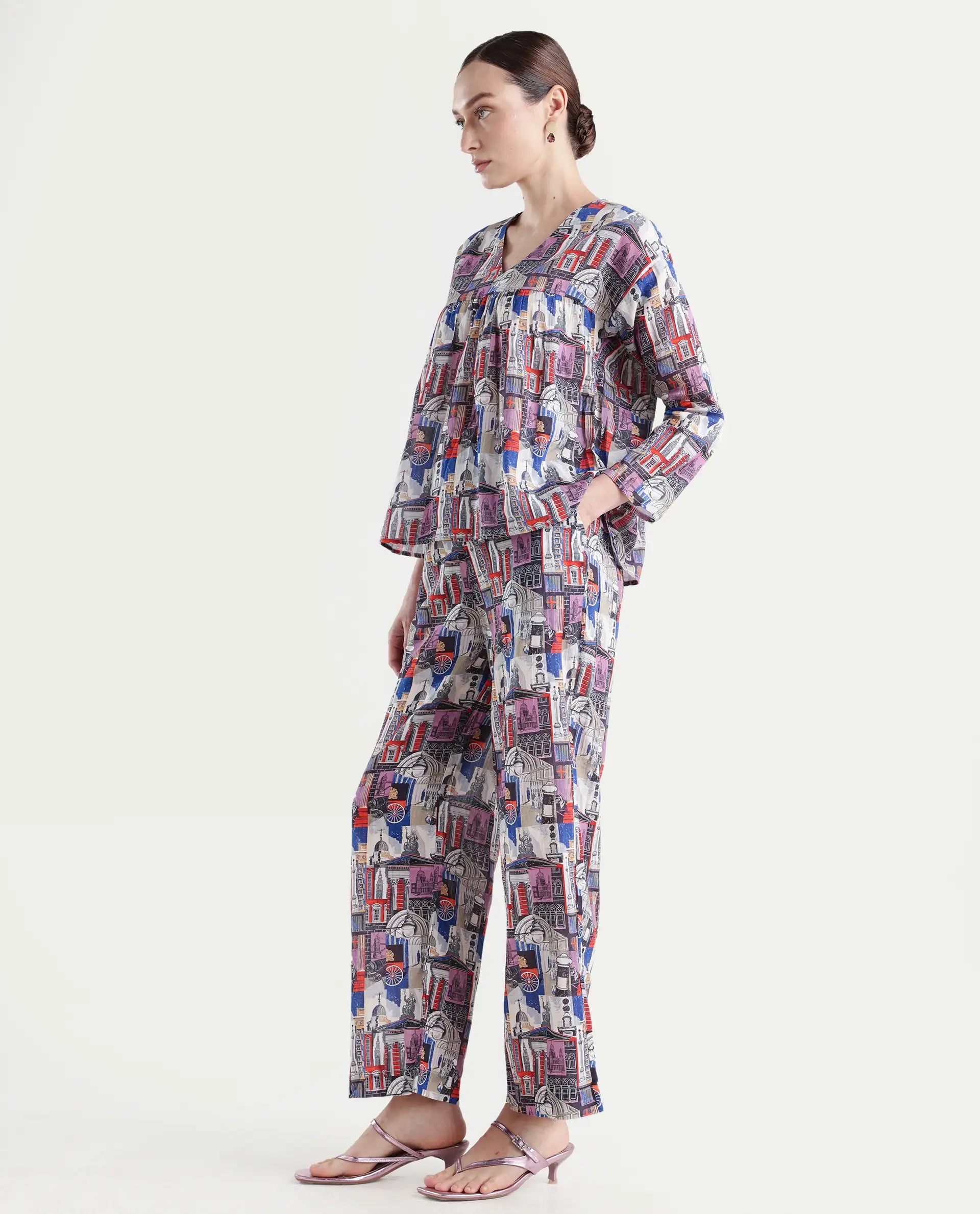 Rareism Women's Rinata-B Multi Cotton Abstract Print Ankle Length Straight Fit Trouser