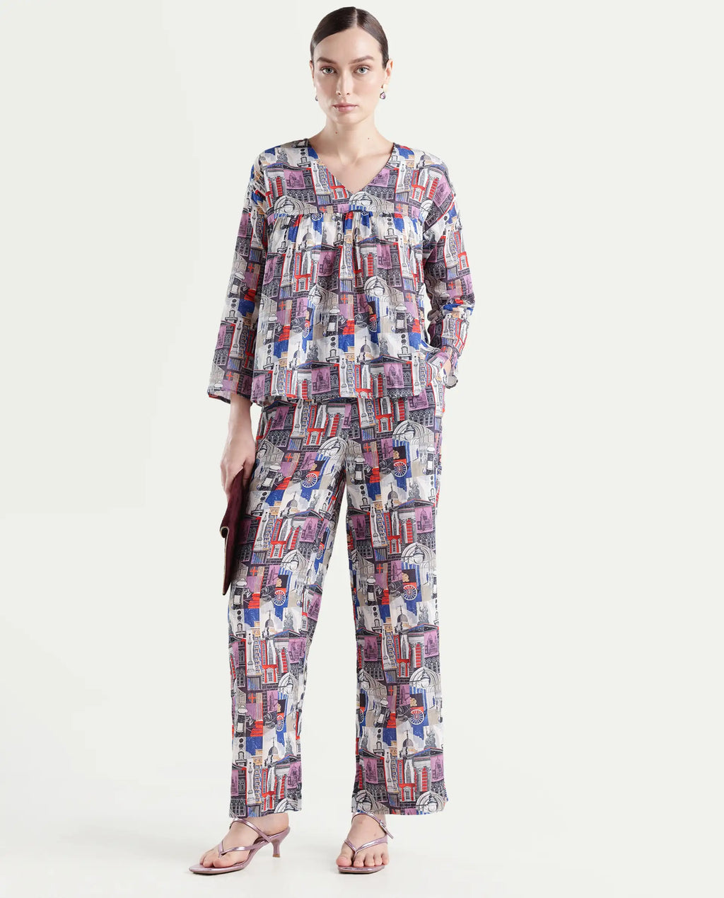 Rareism Women's Rinata-B Multi Cotton Abstract Print Ankle Length Straight Fit Trouser