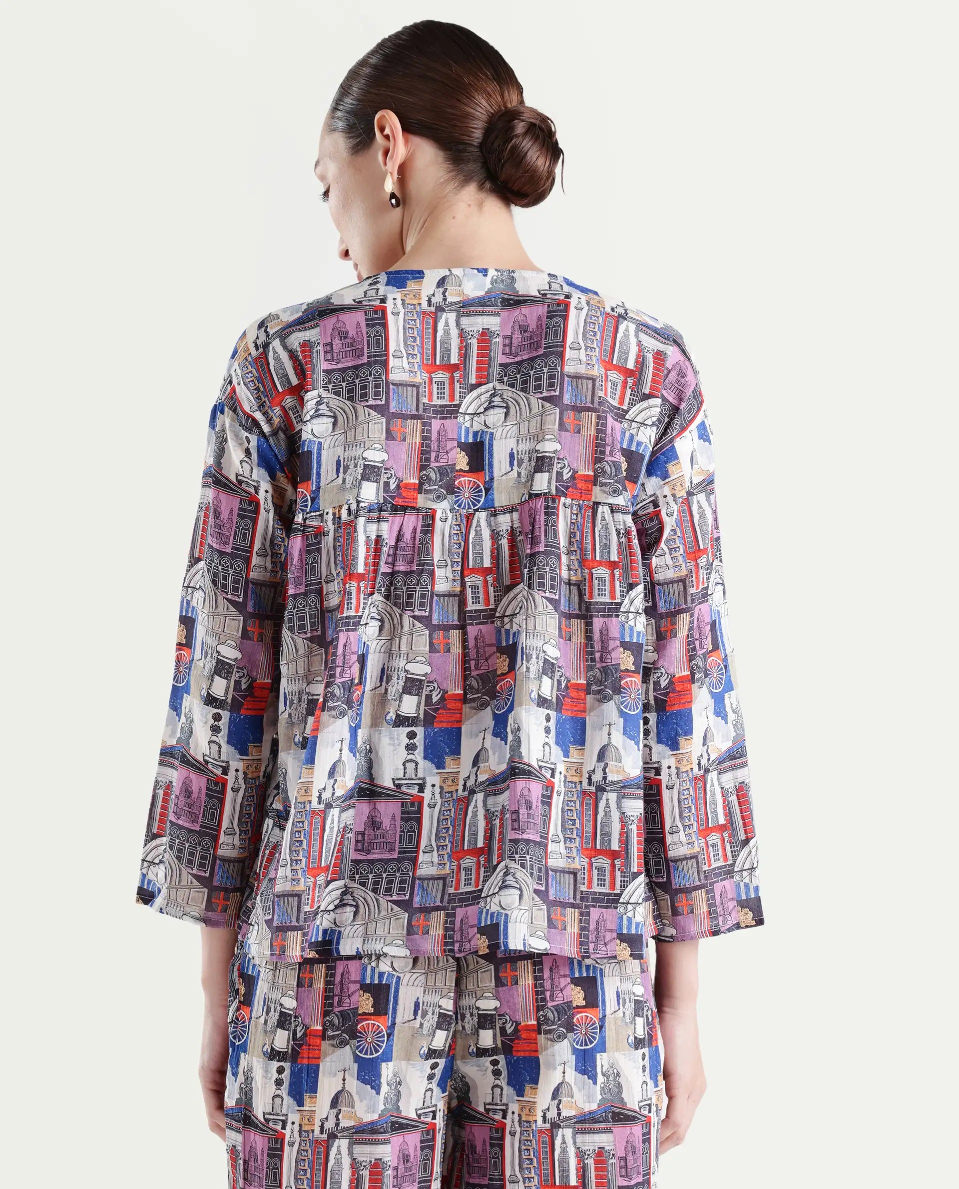 Rareism Women's Rinata-T Multi Cotton V-Neck Abstract Print Regular Fit Top