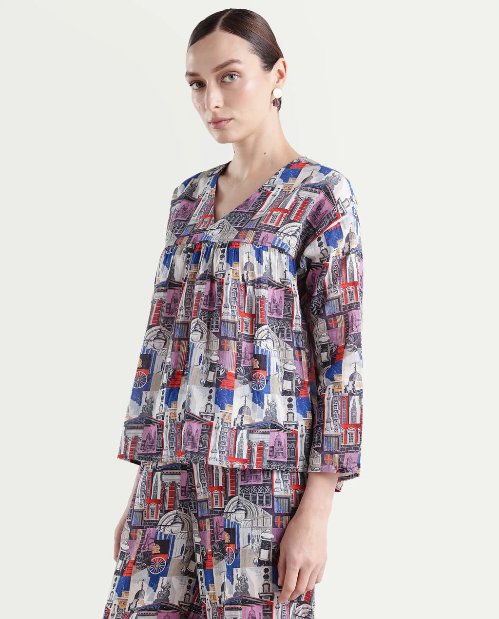 Rareism Women's Rinata-T Multi Cotton V-Neck Abstract Print Regular Fit Top