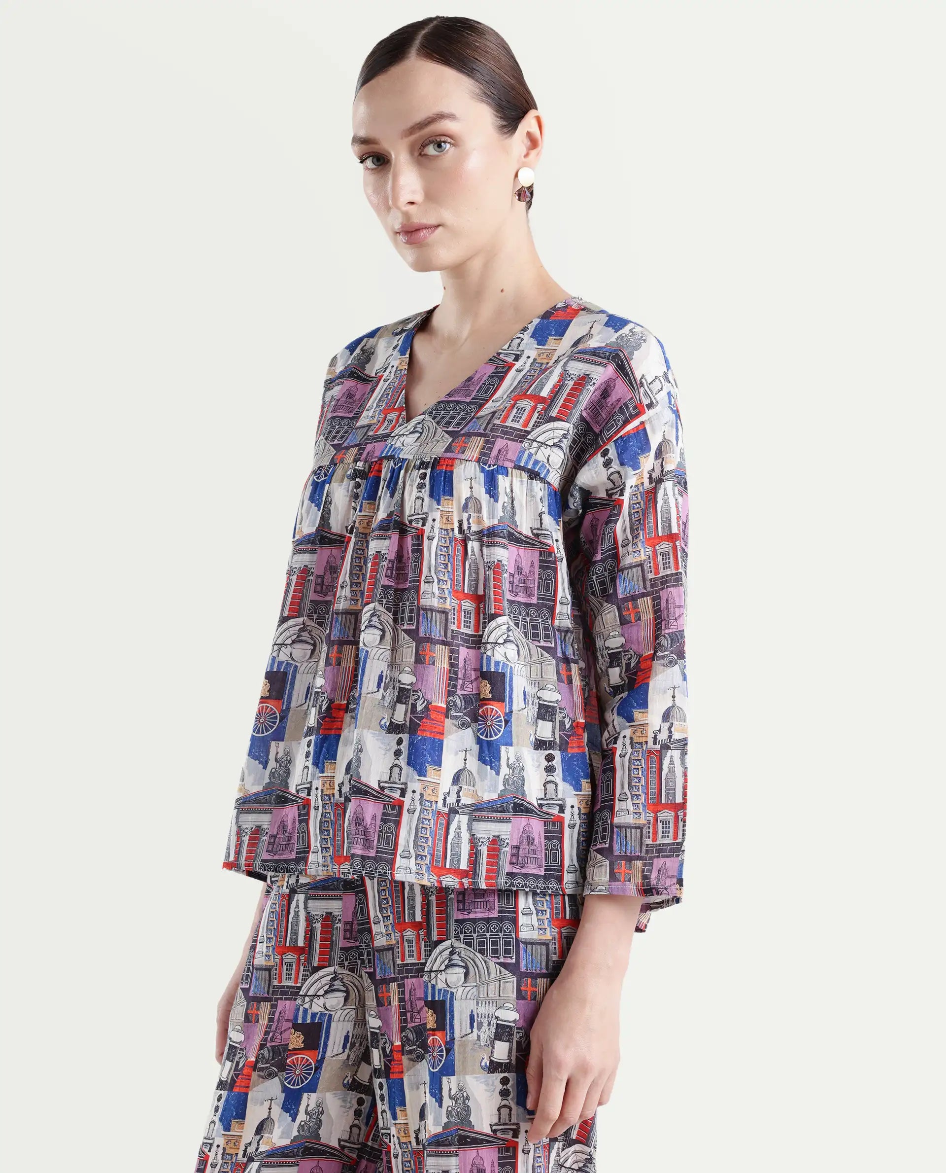 Rareism Women's Rinata-T Multi Cotton V-Neck Abstract Print Regular Fit Top