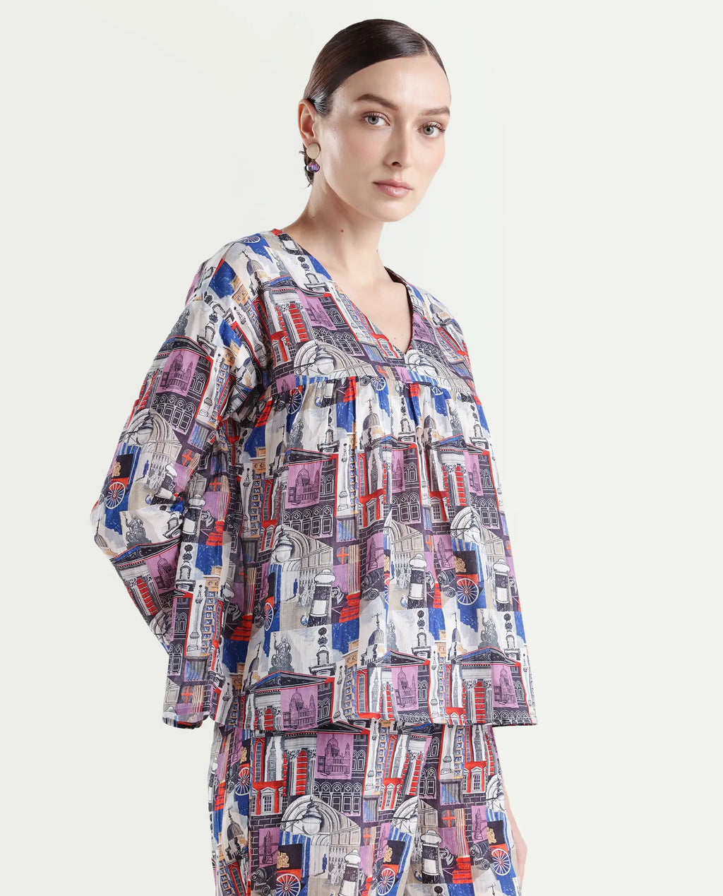 Rareism Women's Rinata-T Multi Cotton V-Neck Abstract Print Regular Fit Top