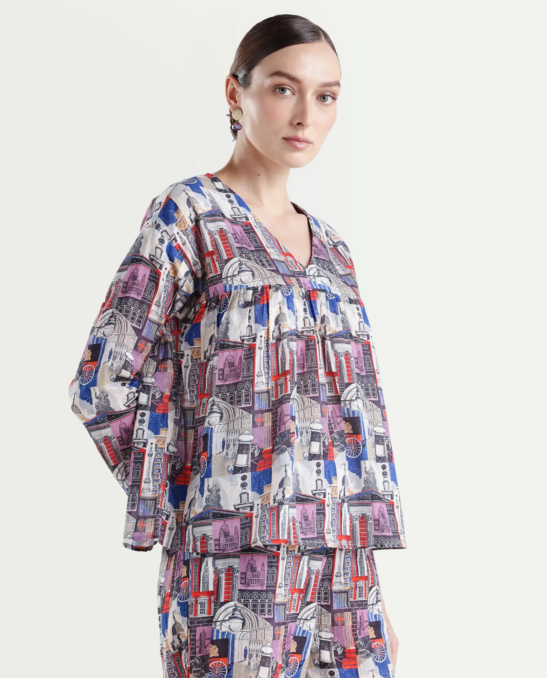 Rareism Women's Rinata-T Multi Cotton V-Neck Abstract Print Regular Fit Top