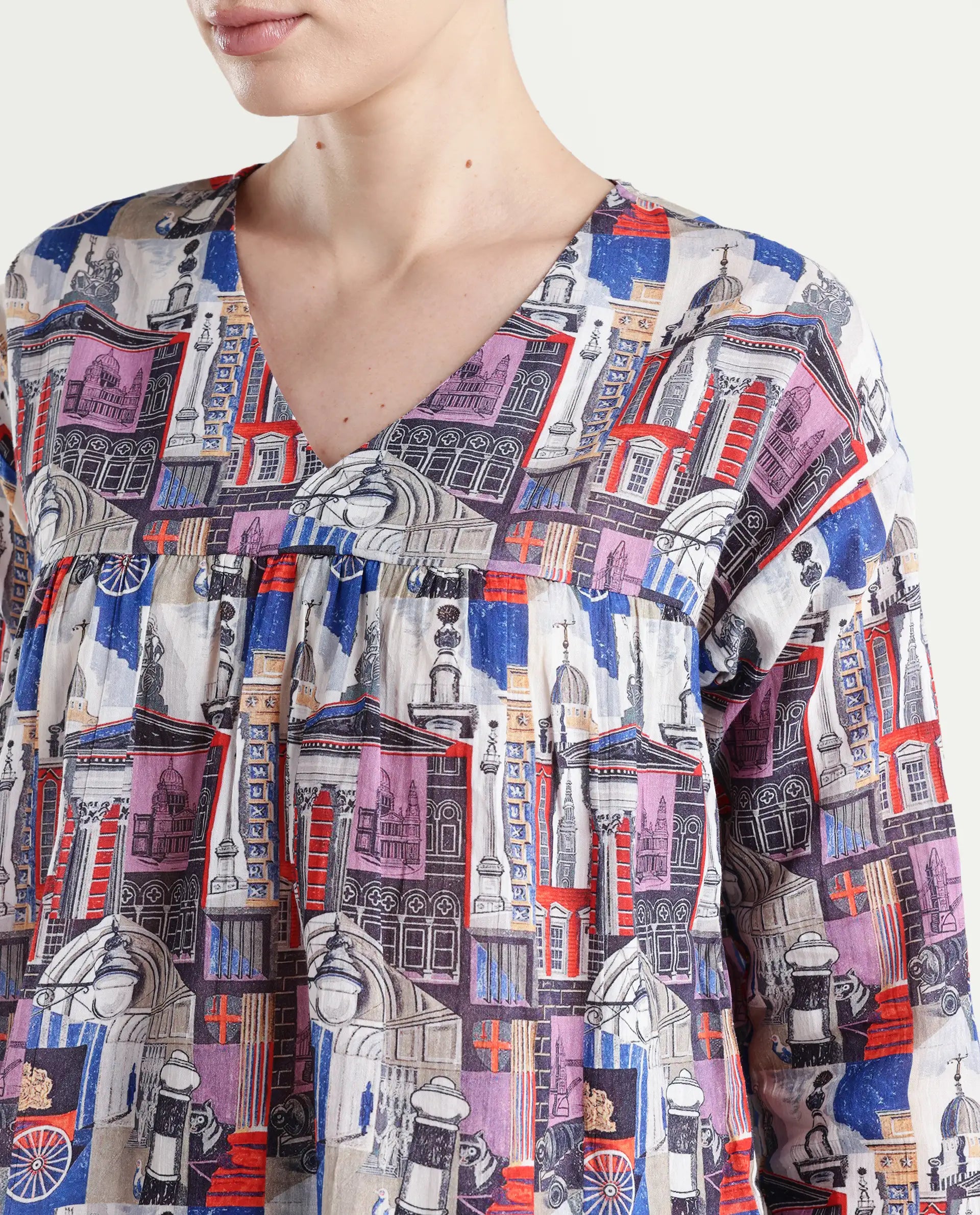 Rareism Women's Rinata-T Multi Cotton V-Neck Abstract Print Regular Fit Top