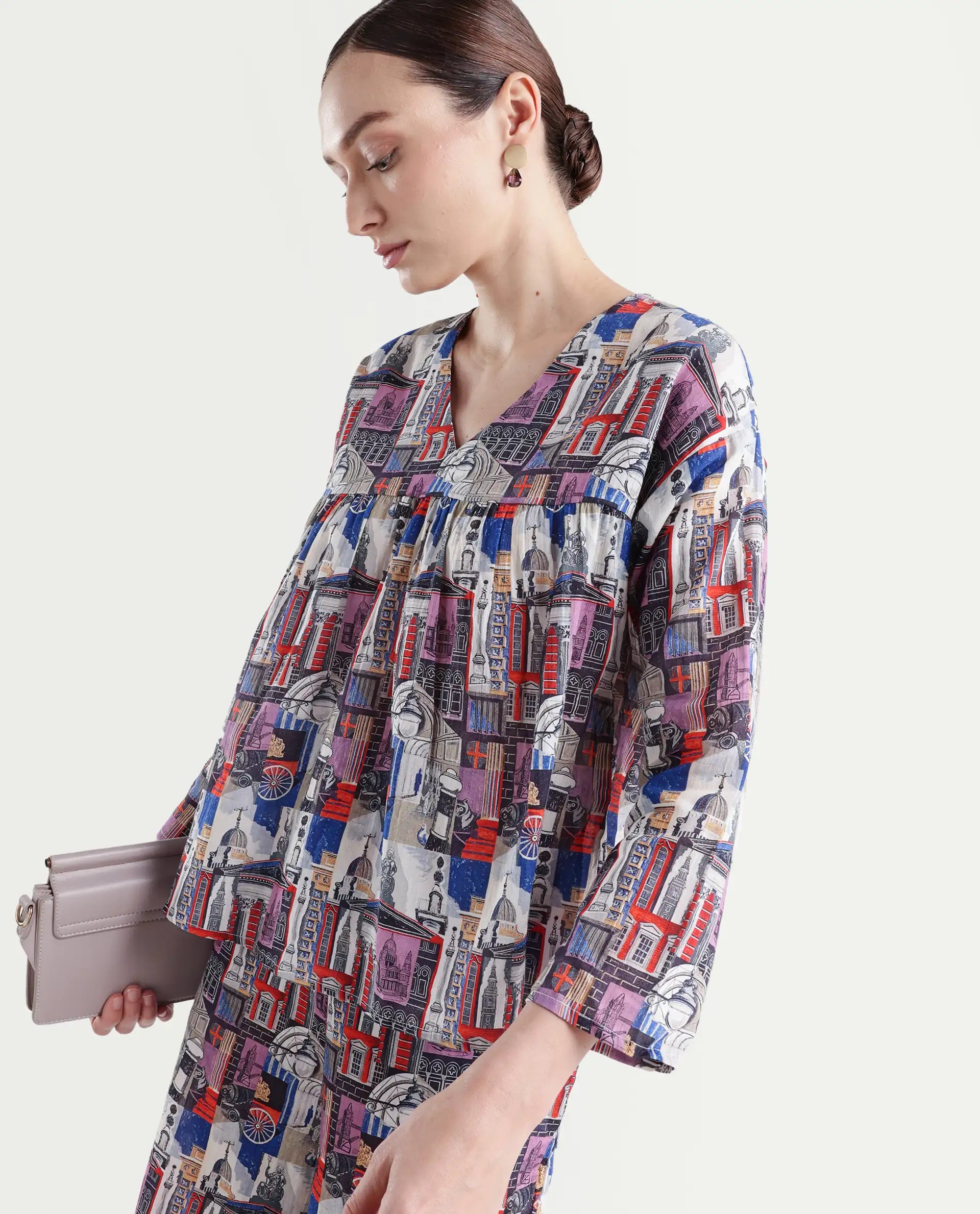 Rareism Women's Rinata-T Multi Cotton V-Neck Abstract Print Regular Fit Top