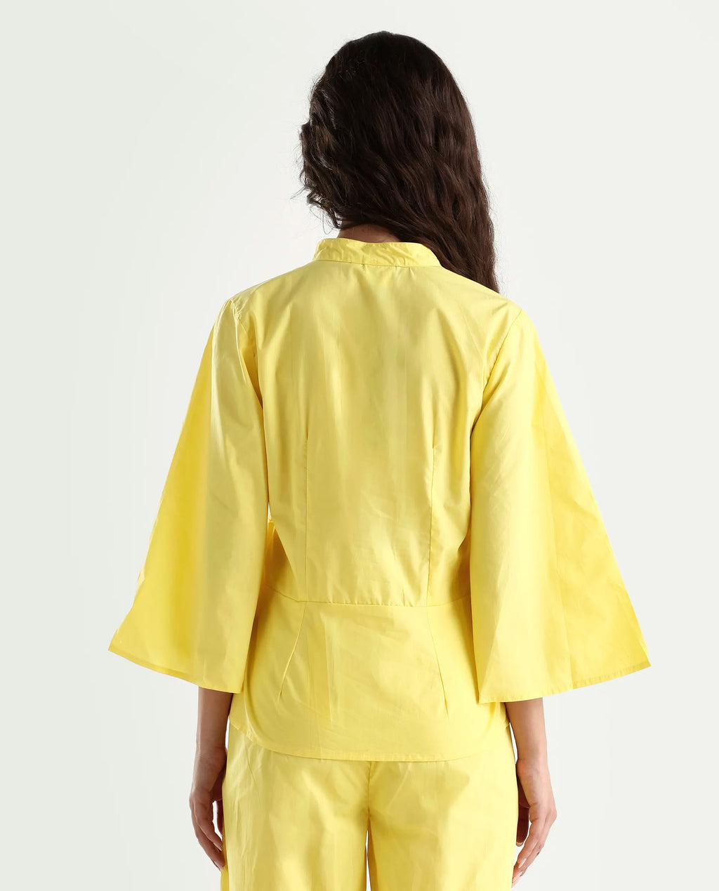 Rareism Women's Badgle-T Pastel Yellow Cotton Mandarin Collar Plain Cuffed Sleeve Regular Fit Top