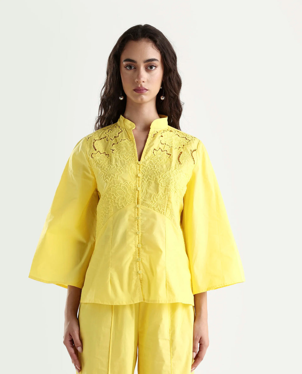 Rareism Women's Badgle-T Pastel Yellow Cotton Mandarin Collar Plain Cuffed Sleeve Regular Fit Top