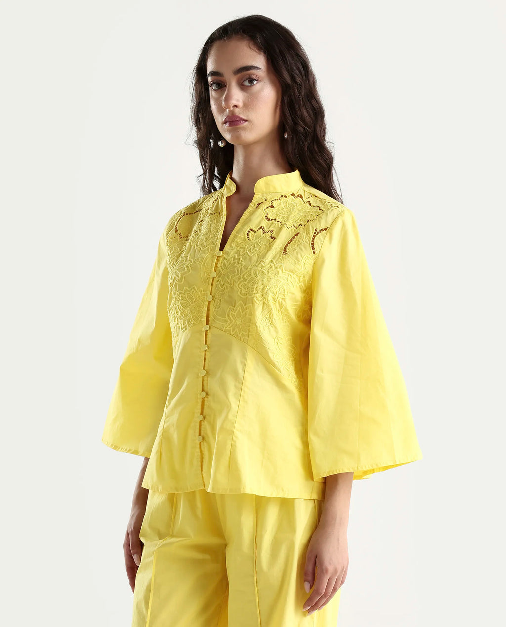 Rareism Women's Badgle-T Pastel Yellow Cotton Mandarin Collar Plain Cuffed Sleeve Regular Fit Top