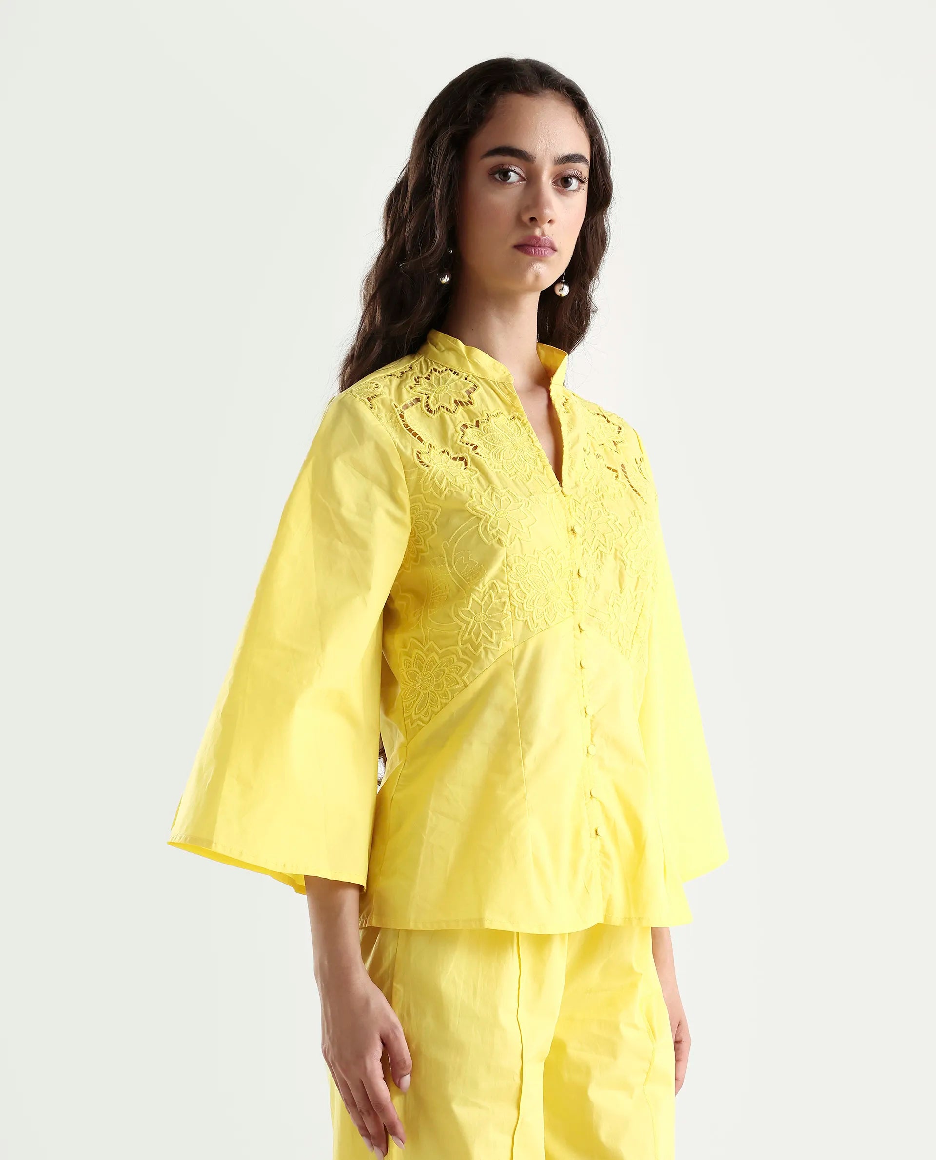 Rareism Women's Badgle-T Pastel Yellow Cotton Mandarin Collar Plain Cuffed Sleeve Regular Fit Top