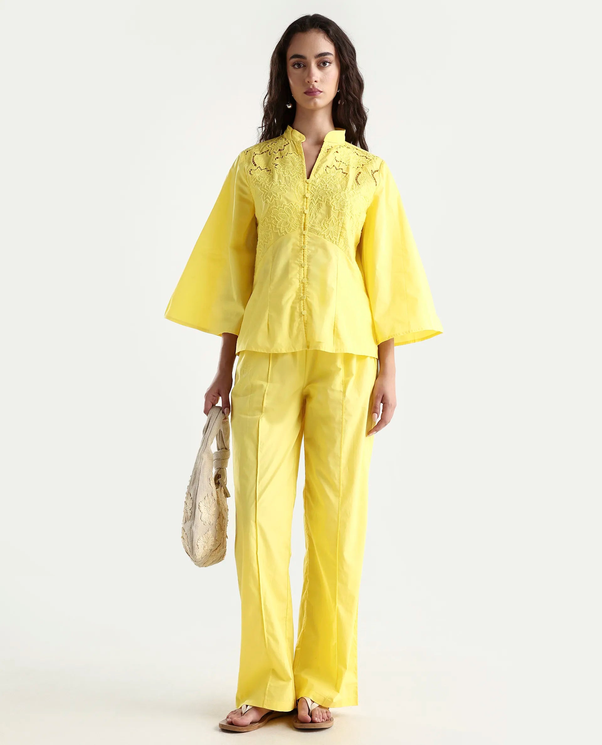 Rareism Women's Badgle-T Pastel Yellow Cotton Mandarin Collar Plain Cuffed Sleeve Regular Fit Top