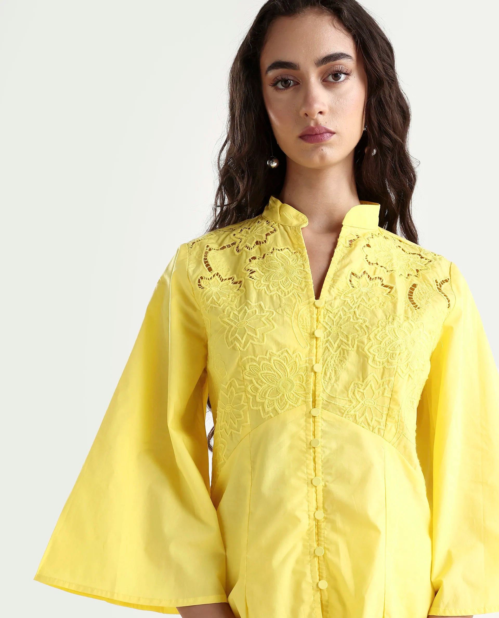 Rareism Women's Badgle-T Pastel Yellow Cotton Mandarin Collar Plain Cuffed Sleeve Regular Fit Top