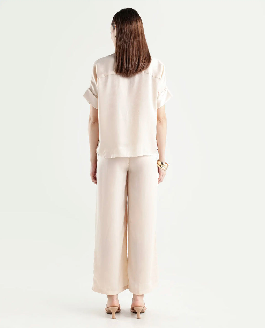 Rareism Women's Yamato-B Light Beige Satin Plain Ankle Length Wide Trouser