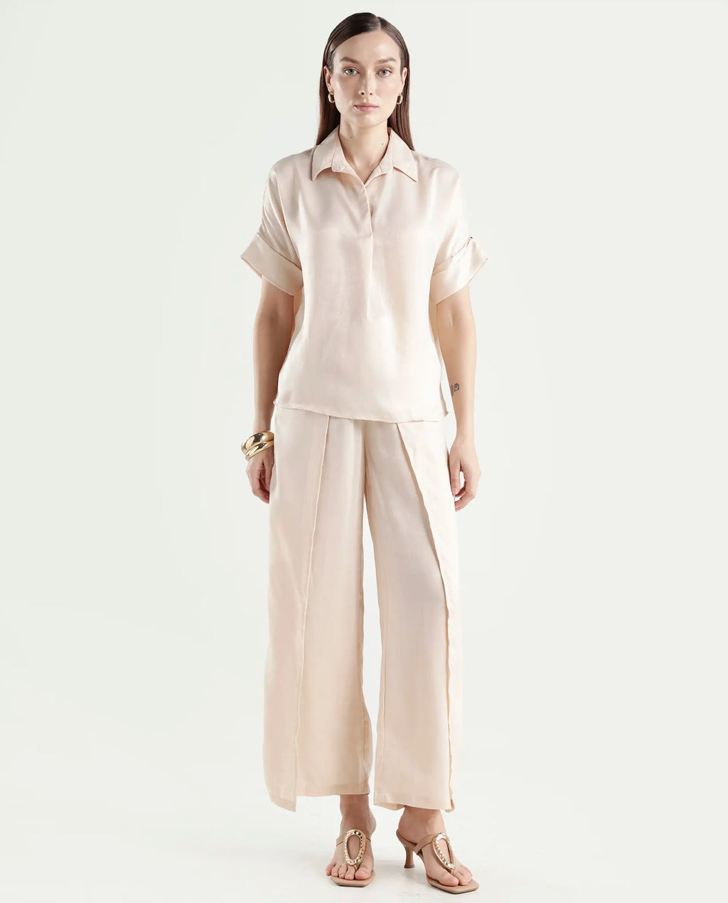 Rareism Women's Yamato-B Light Beige Satin Plain Ankle Length Wide Trouser