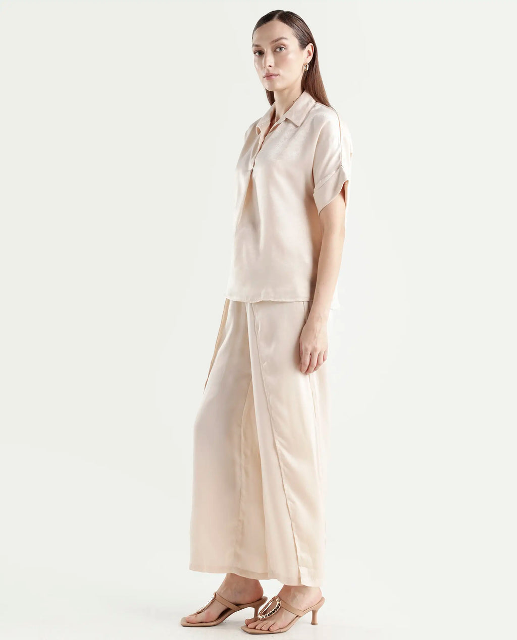 Rareism Women's Yamato-B Light Beige Satin Plain Ankle Length Wide Trouser