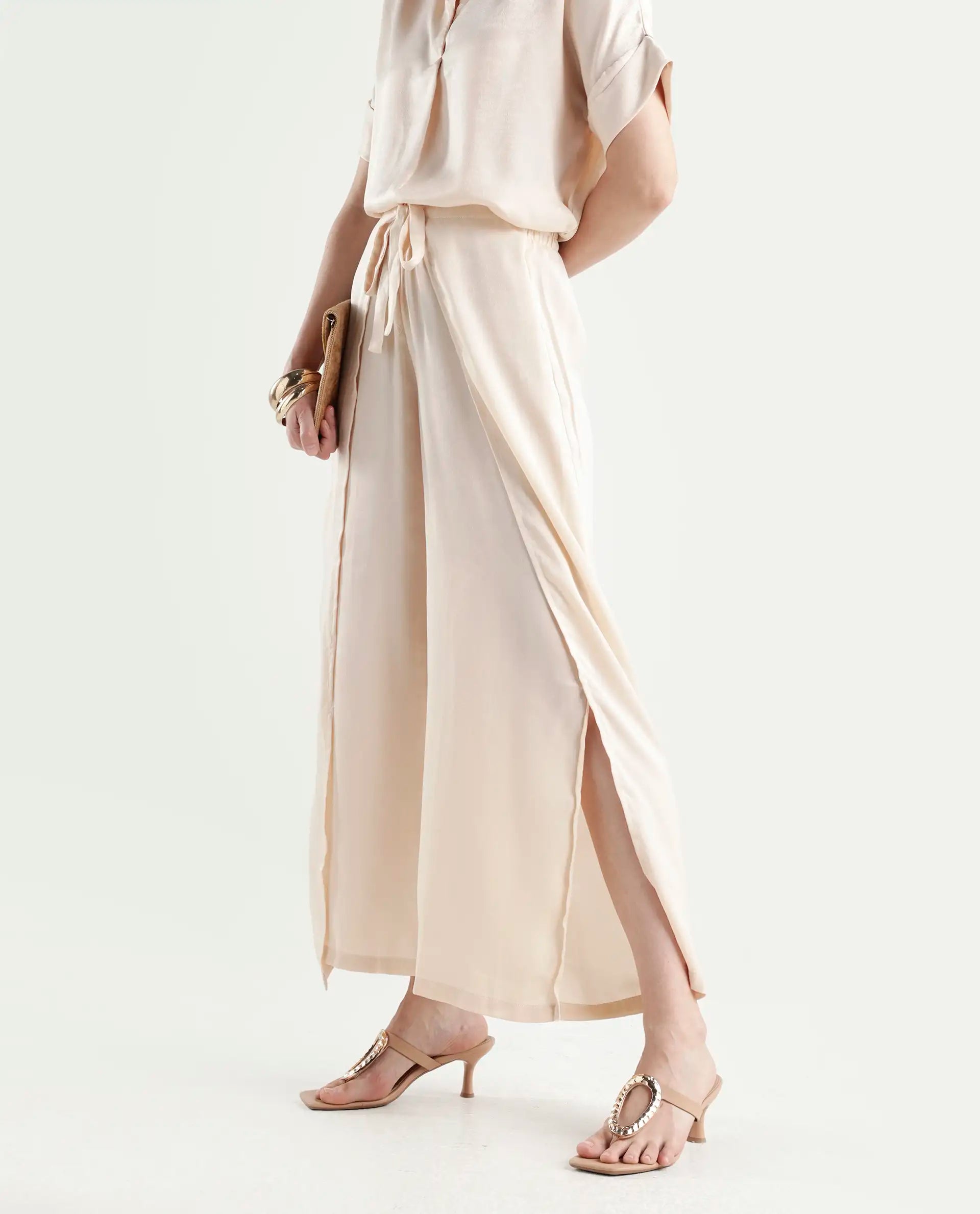 Rareism Women's Yamato-B Light Beige Satin Plain Ankle Length Wide Trouser
