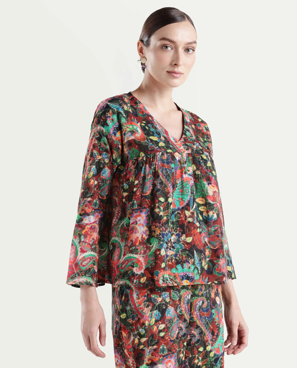 Rareism Women's Rinatao-T Dark Multi Cotton Blend V-Neck Paisley Print Regular Fit Top
