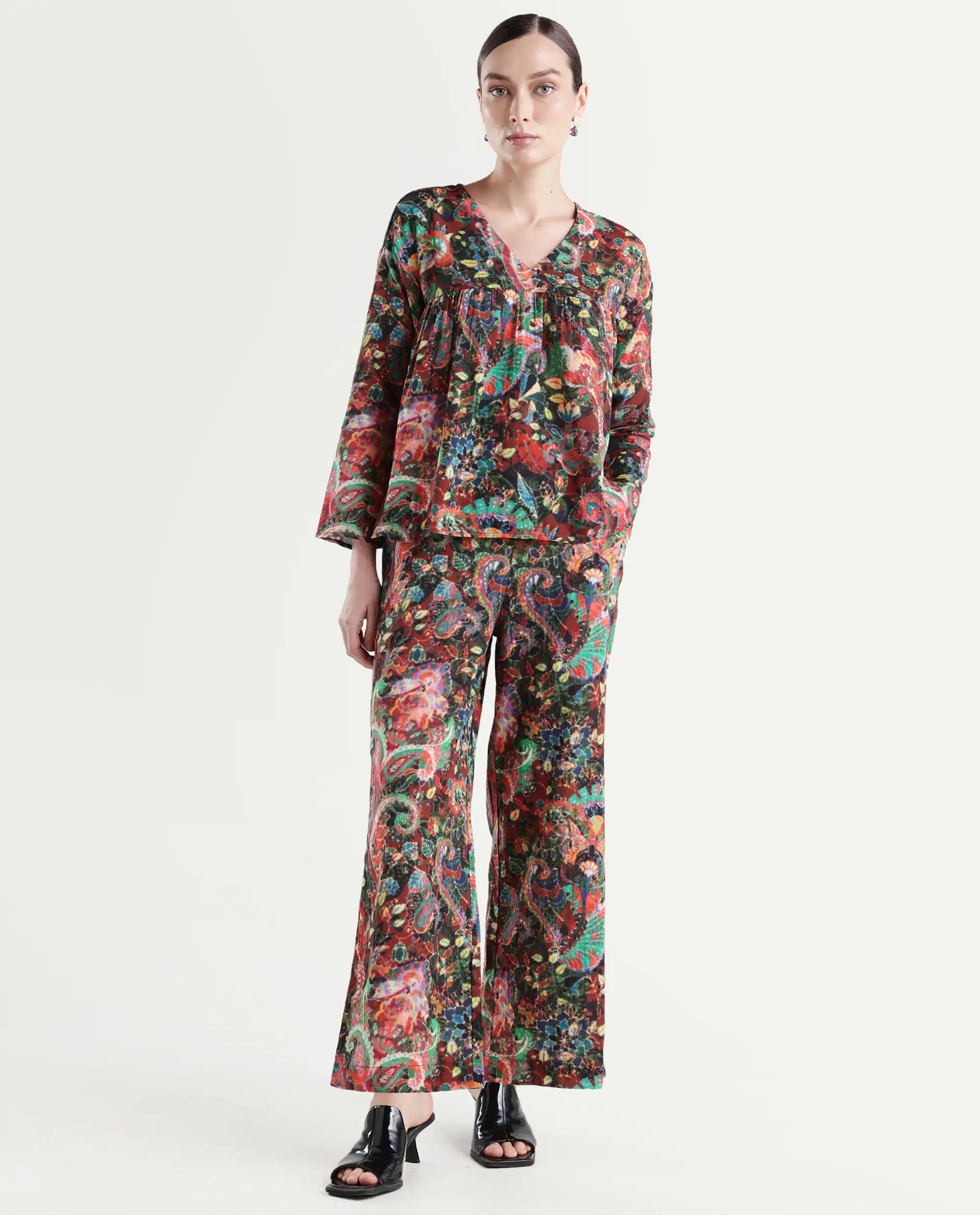 Rareism Women's Rinatao-B Dark Multi Cotton Blend Paisley Print Ankle Length Straight Fit Trouser