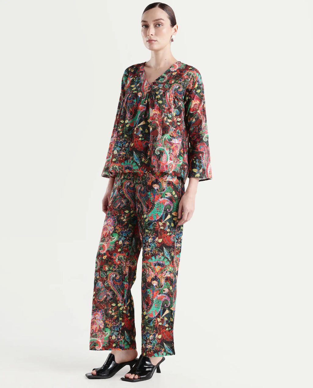 Rareism Women's Rinatao-B Dark Multi Cotton Blend Paisley Print Ankle Length Straight Fit Trouser
