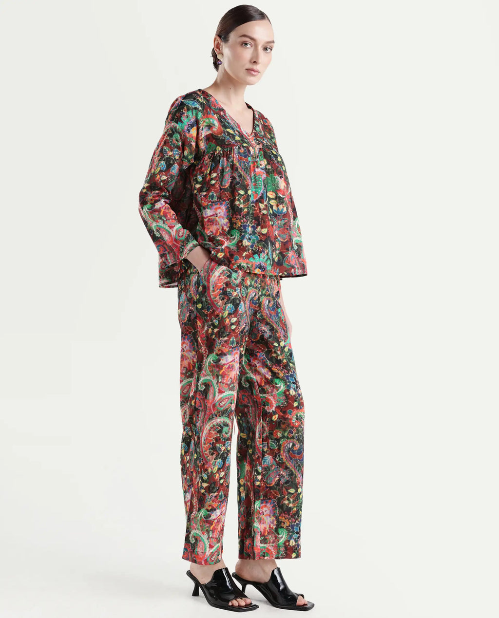 Rareism Women's Rinatao-B Dark Multi Cotton Blend Paisley Print Ankle Length Straight Fit Trouser