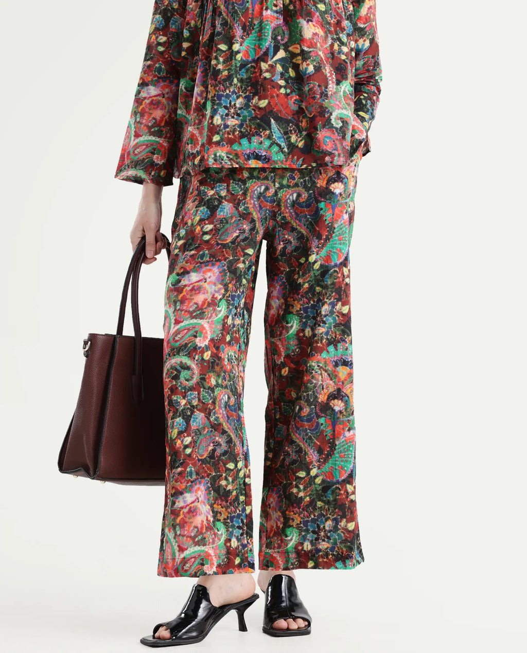 Rareism Women's Rinatao-B Dark Multi Cotton Blend Paisley Print Ankle Length Straight Fit Trouser