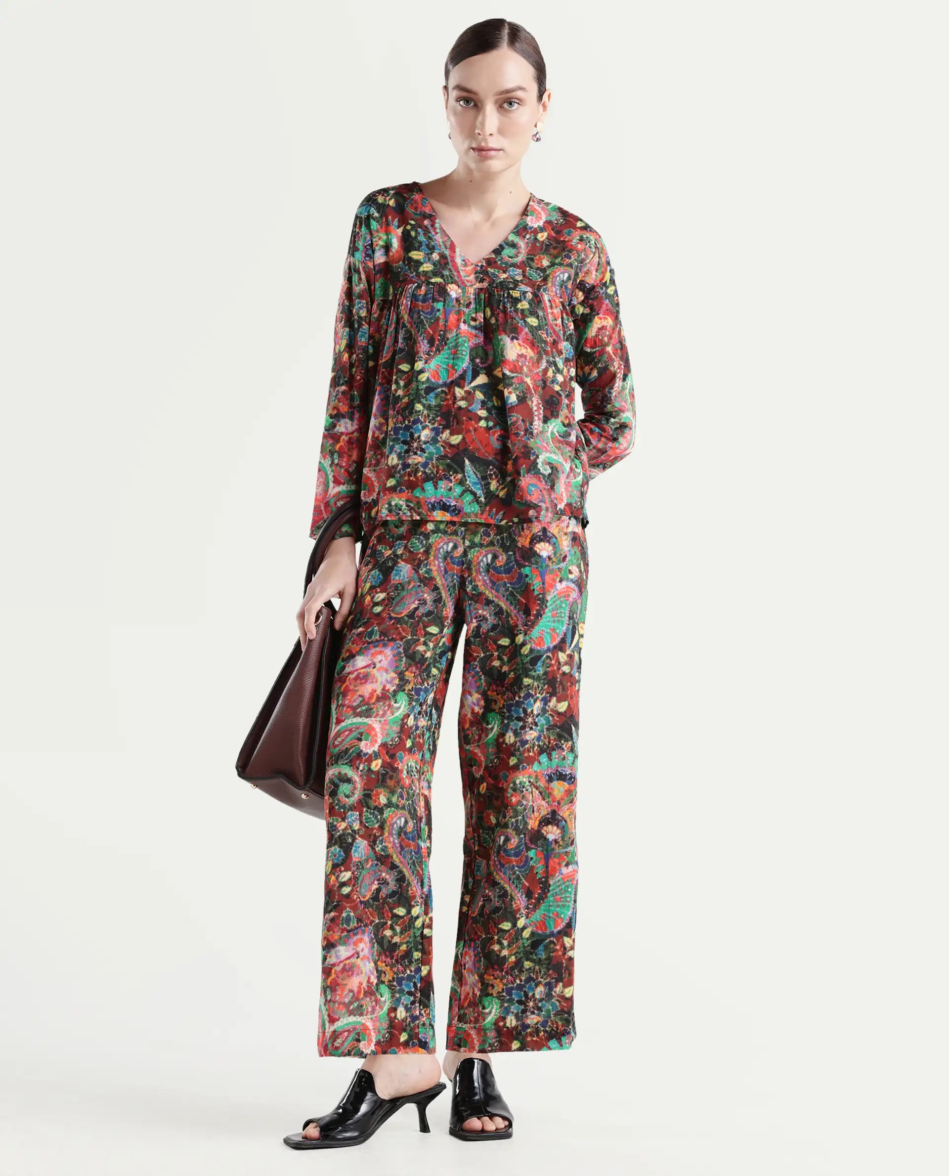 Rareism Women's Rinatao-B Dark Multi Cotton Blend Paisley Print Ankle Length Straight Fit Trouser