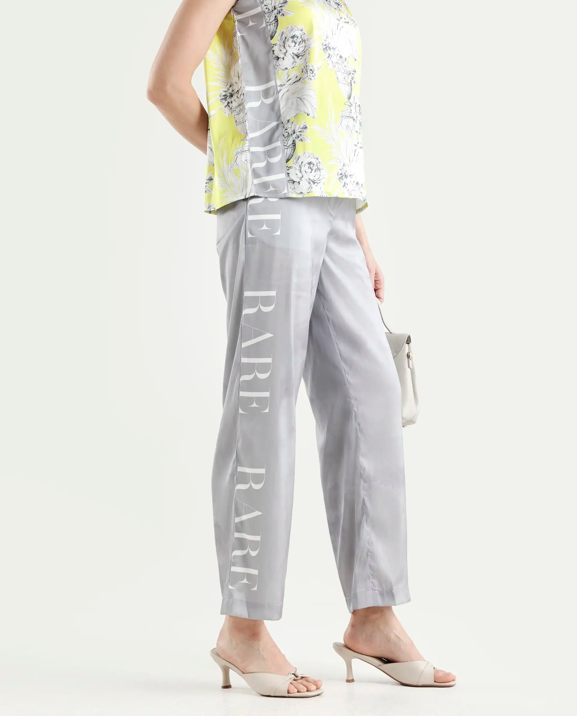 Rareism Women's Kanadio-B Light Grey Polyester Floral Print Ankle Length Straight Fit Trouser