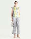 Rareism Women's Kanadio-B Light Grey Polyester Floral Print Ankle Length Straight Fit Trouser