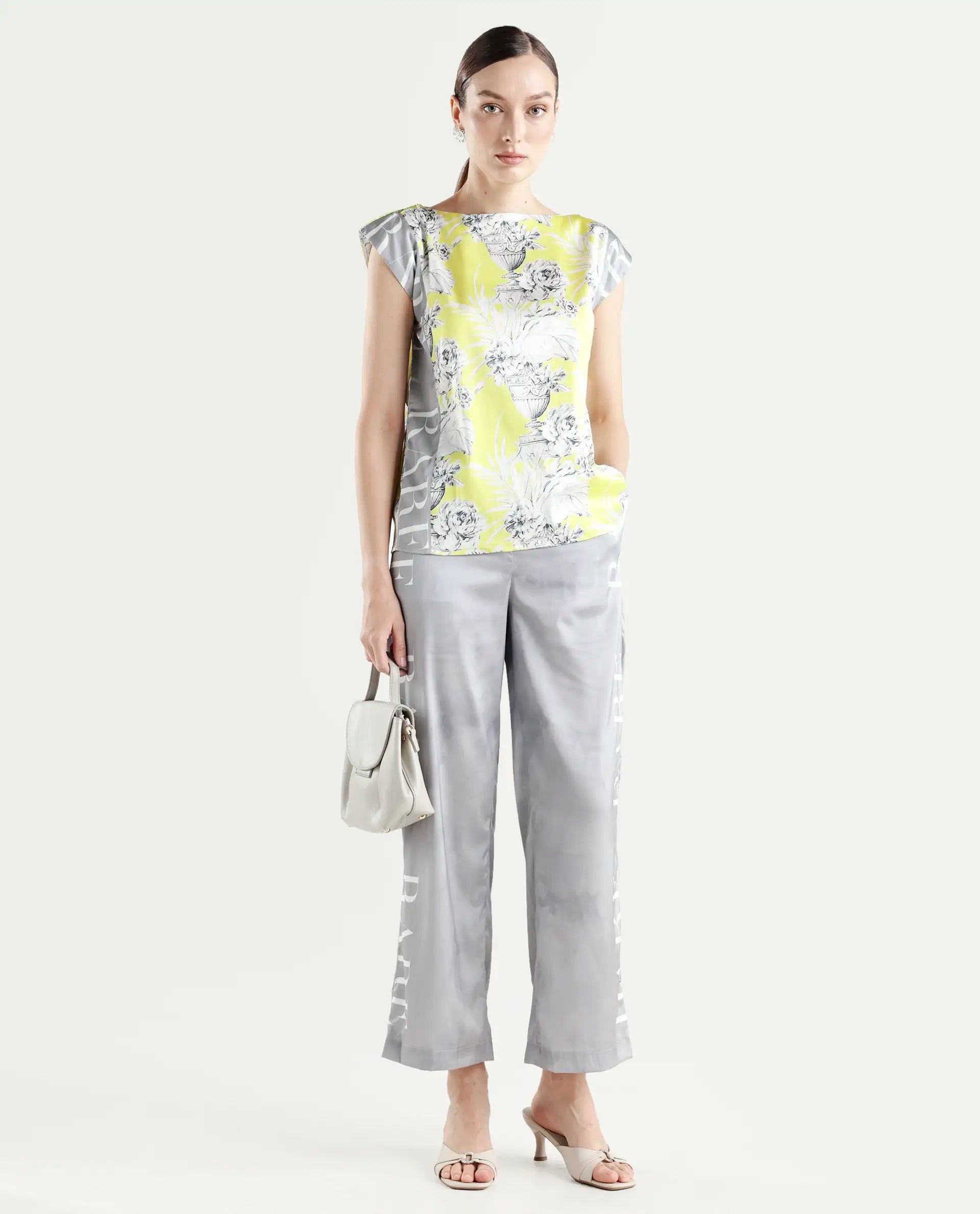 Rareism Women's Kanadio-B Light Grey Polyester Floral Print Ankle Length Straight Fit Trouser