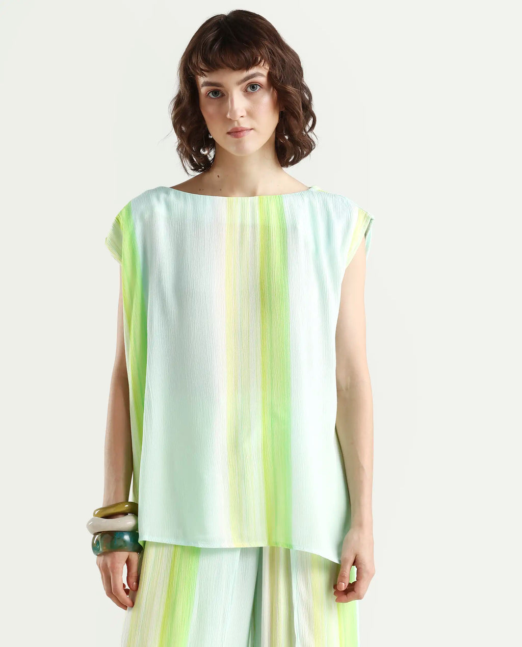 Rareism Women's Yadot-T Multi Rayon Crew Neck Striped Sleeveless Boxy Fit Top
