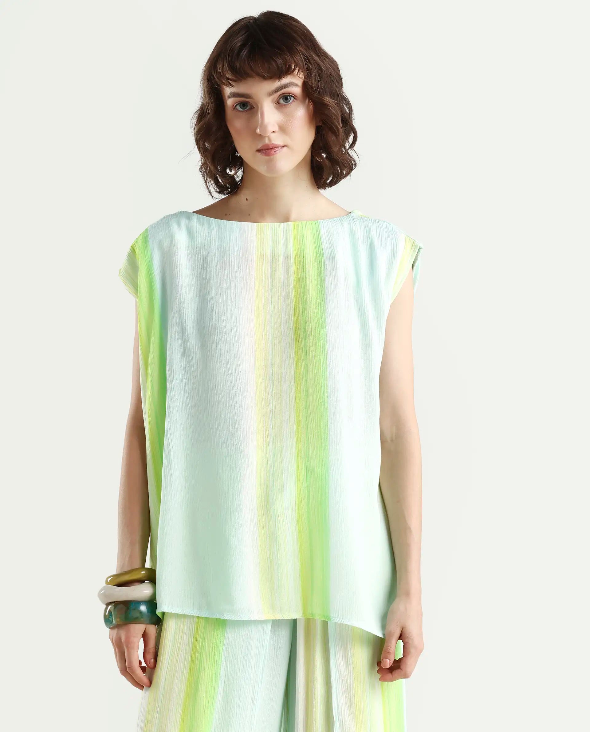 Rareism Women's Yadot-T Multi Rayon Crew Neck Striped Sleeveless Boxy Fit Top