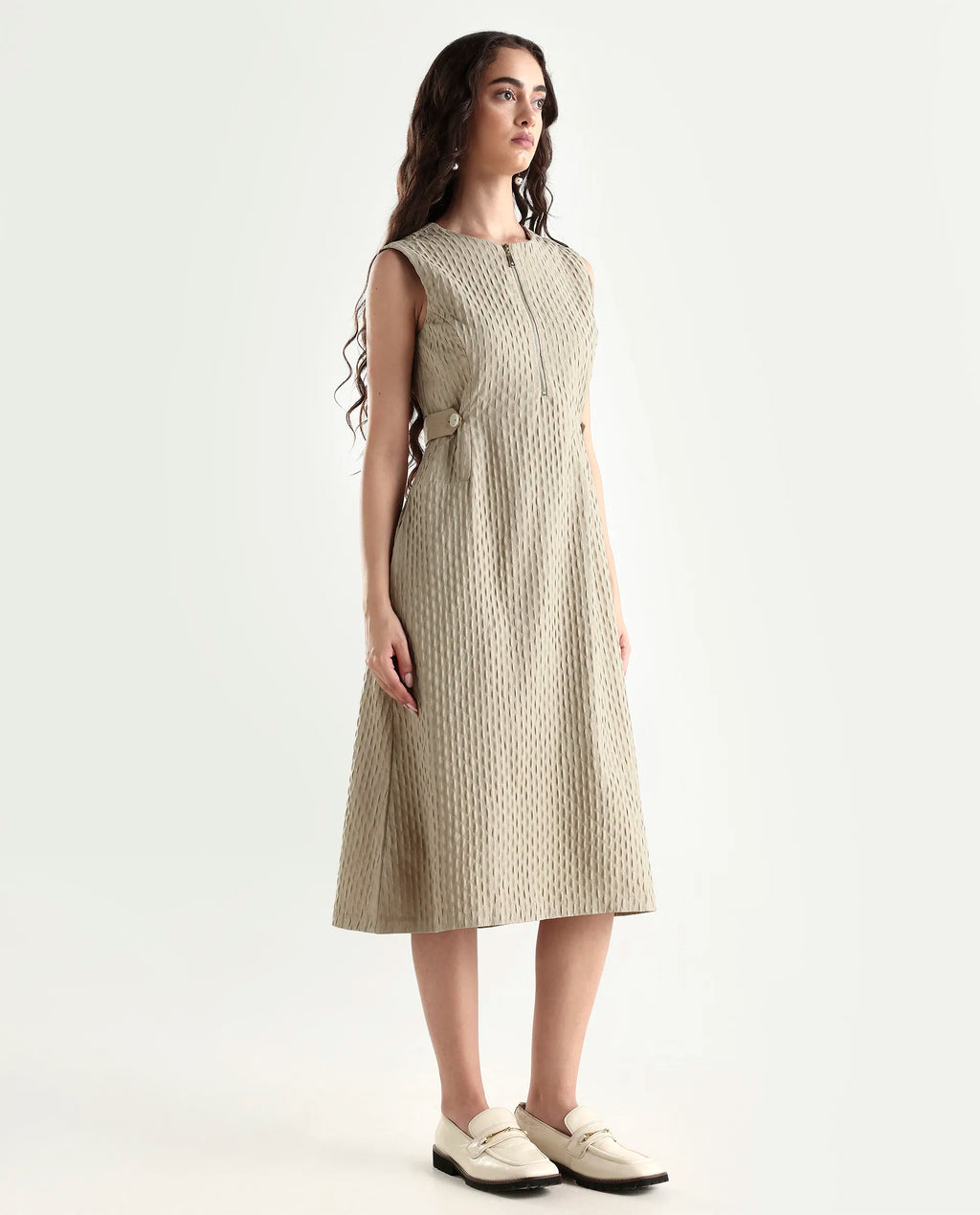 Rareism Women's Zelina Beige Polyester Round Neck Plain Sleeveless Knee Length A-Line Dress