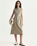 Rareism Women's Zelina Beige Polyester Round Neck Plain Sleeveless Knee Length A-Line Dress