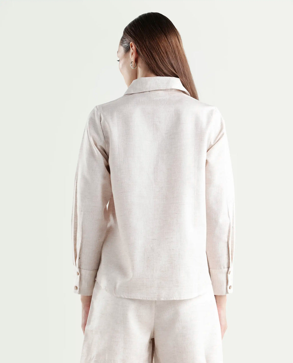 Rareism Women's Lippta Beige Polyester Spread Collar Plain Cuffed Sleeve Regular Fit Top