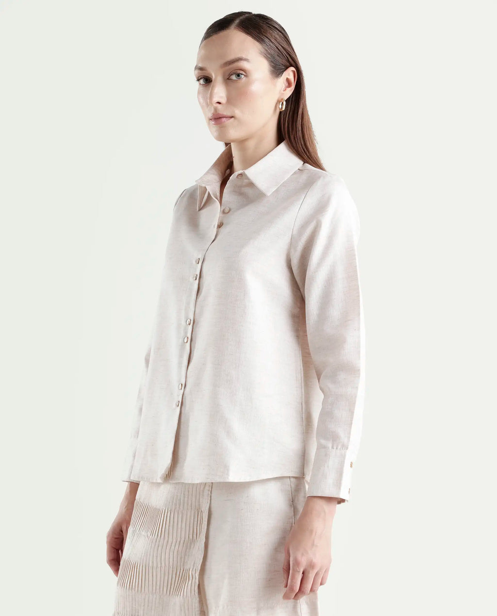 Rareism Women's Lippta Beige Polyester Spread Collar Plain Cuffed Sleeve Regular Fit Top