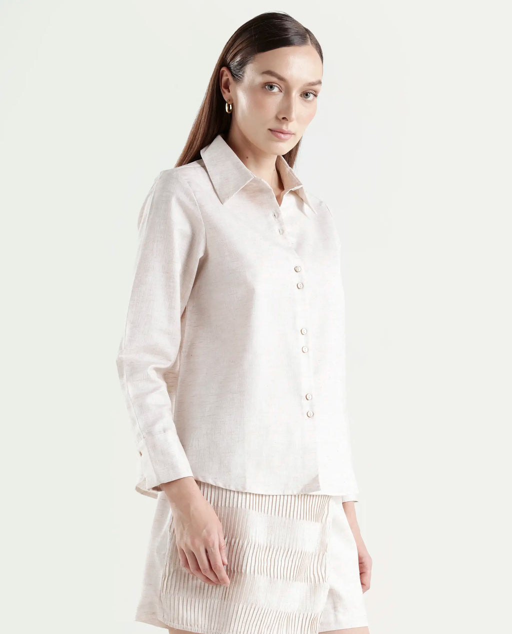 Rareism Women's Lippta Beige Polyester Spread Collar Plain Cuffed Sleeve Regular Fit Top