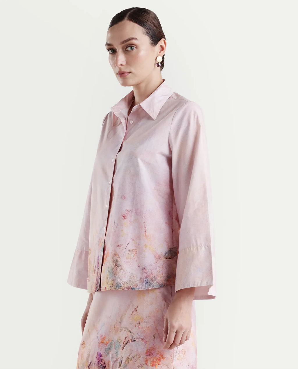 Rareism Women's Loko Pink Cotton Spread Collar Floral Print Bell Sleeve Regular Fit Top