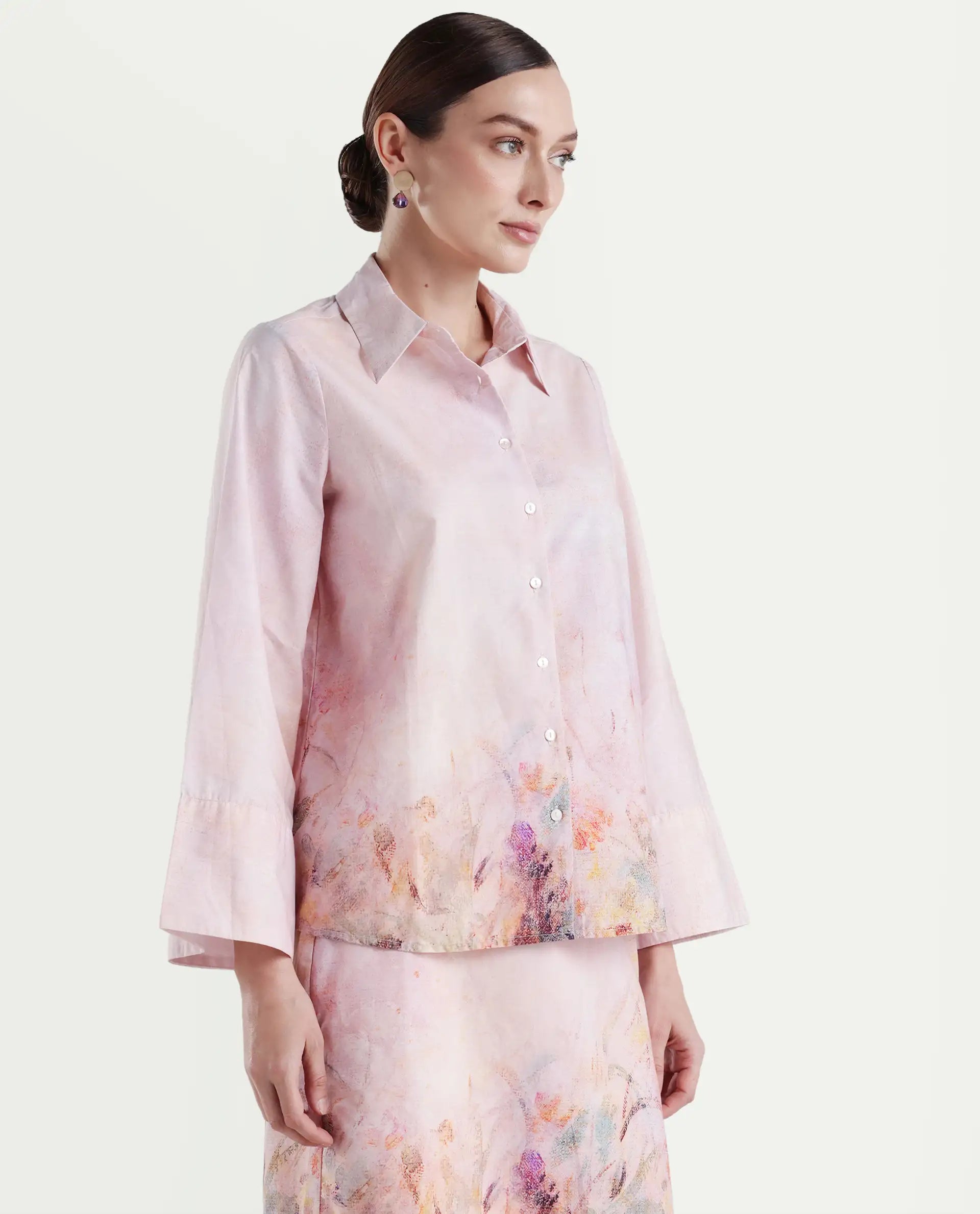 Rareism Women's Loko Pink Cotton Spread Collar Floral Print Bell Sleeve Regular Fit Top