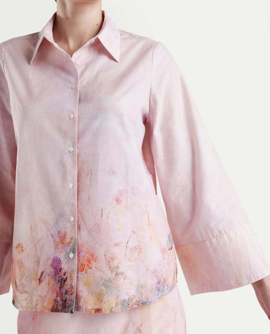 Rareism Women's Loko Pink Cotton Spread Collar Floral Print Bell Sleeve Regular Fit Top