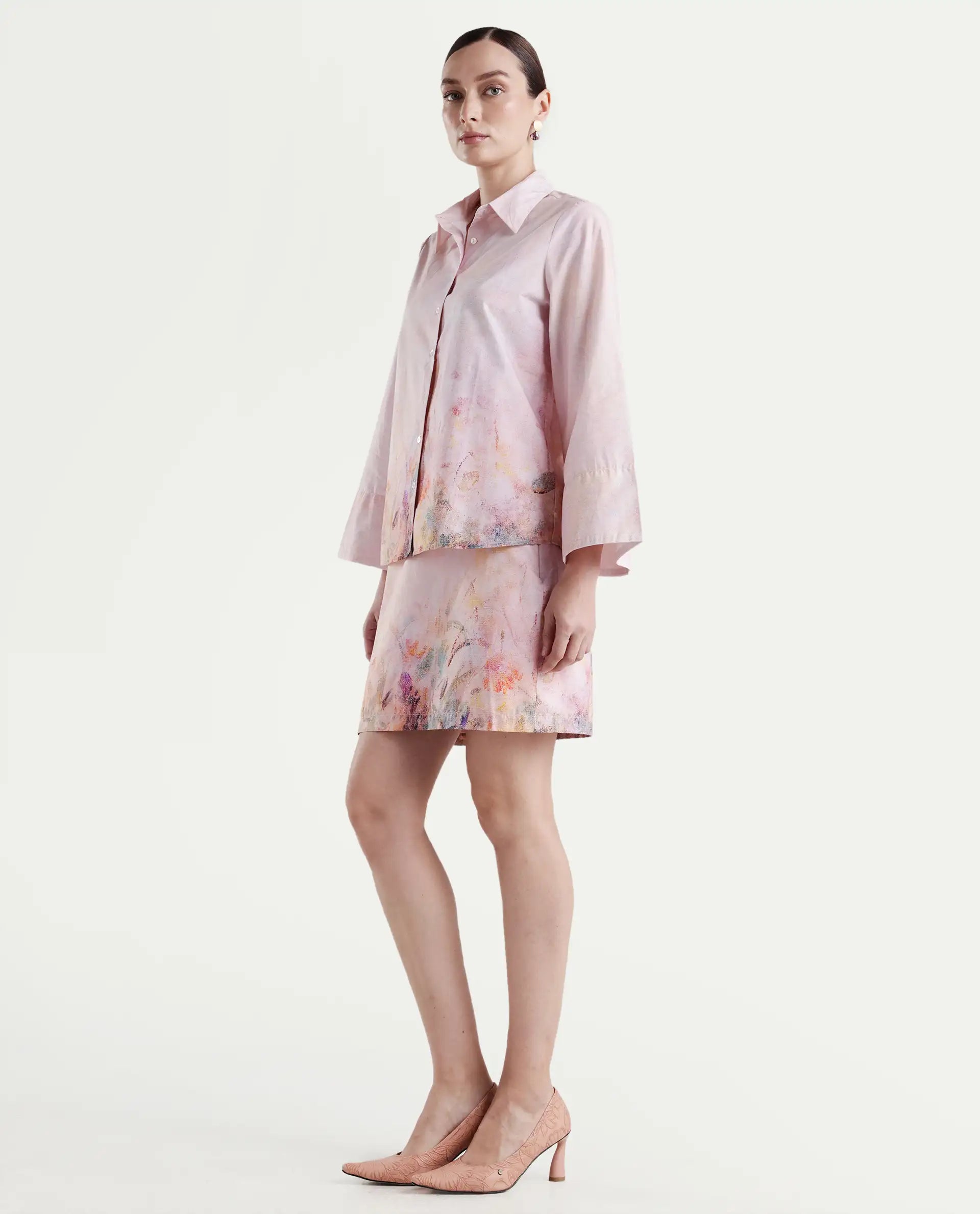 Rareism Women's Loko-B-Pink Cotton Abstract Print Mini Regular Fit Skirt