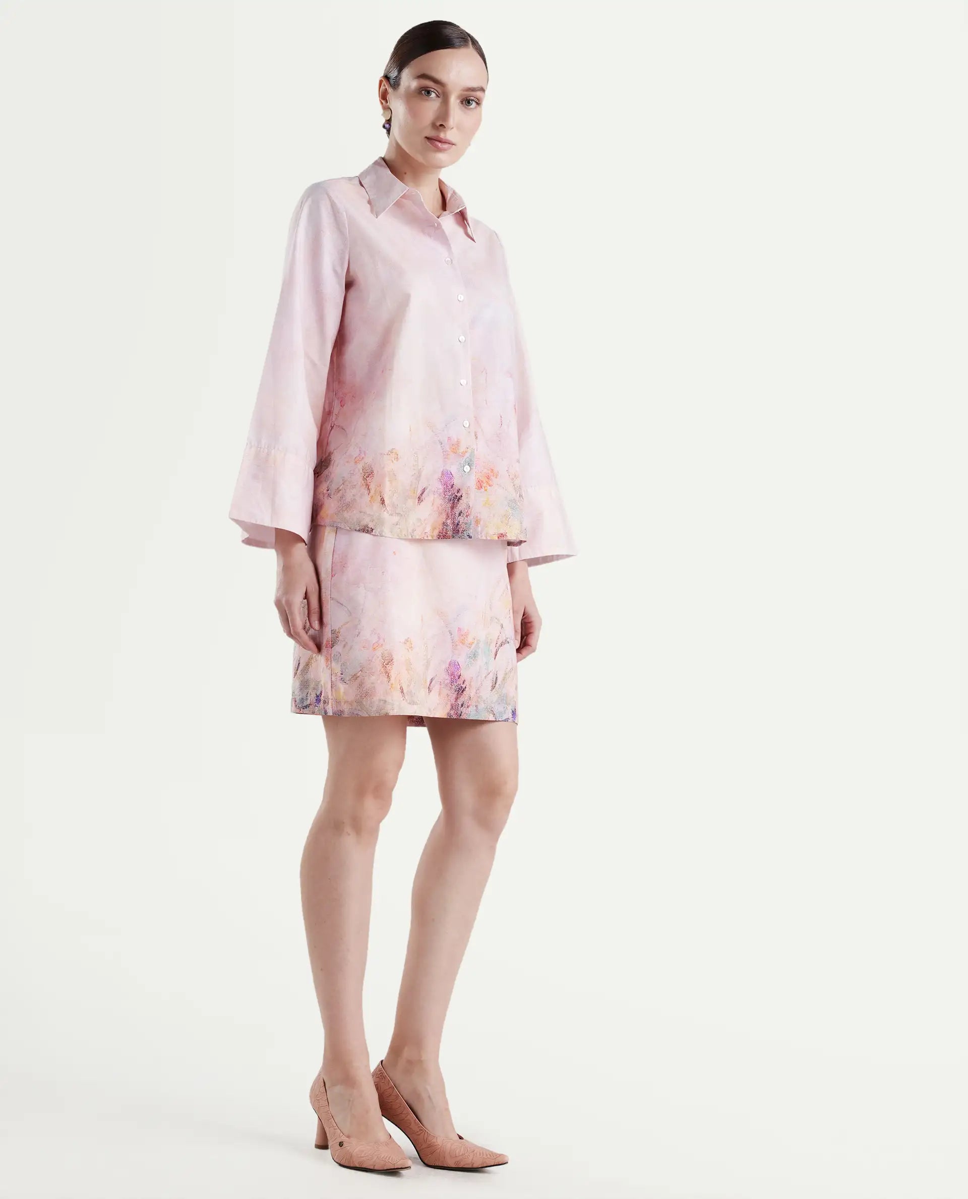 Rareism Women's Loko-B-Pink Cotton Abstract Print Mini Regular Fit Skirt