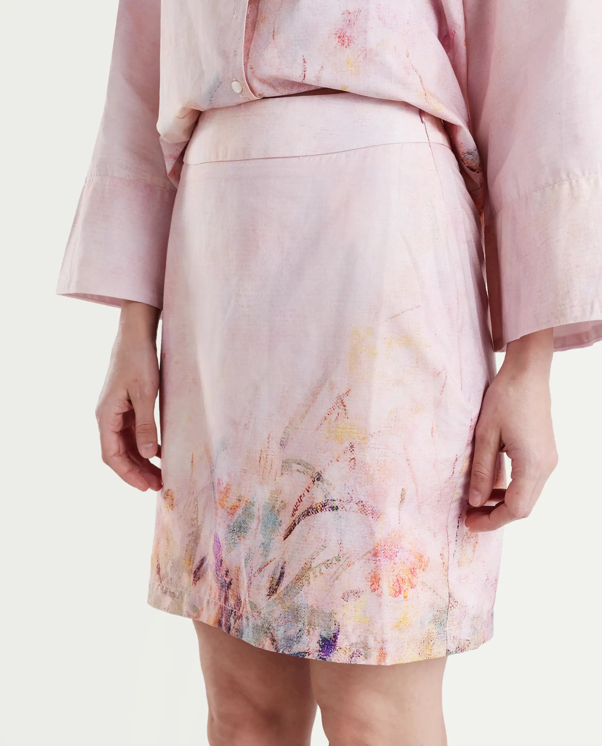 Rareism Women's Loko-B-Pink Cotton Abstract Print Mini Regular Fit Skirt