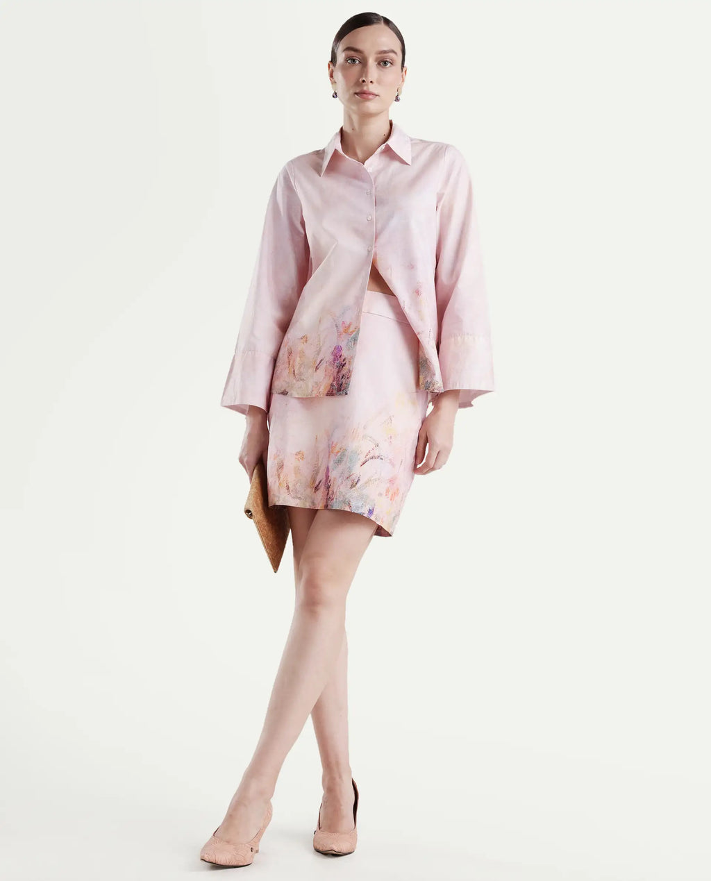 Rareism Women's Loko-B-Pink Cotton Abstract Print Mini Regular Fit Skirt