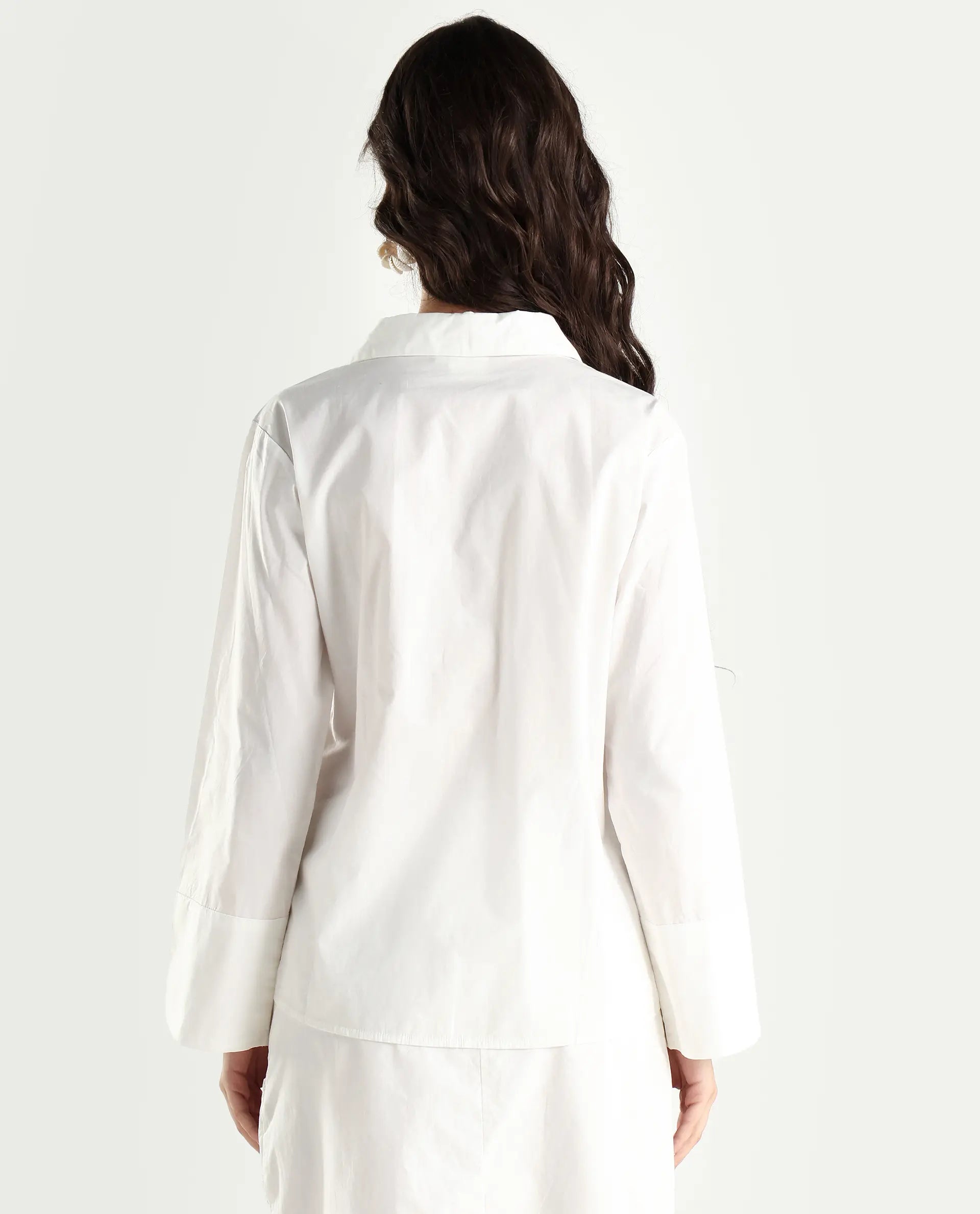 Rareism Women's Quitti Light White Cotton Spread Collar Plain Bell Sleeve Regular Fit Top