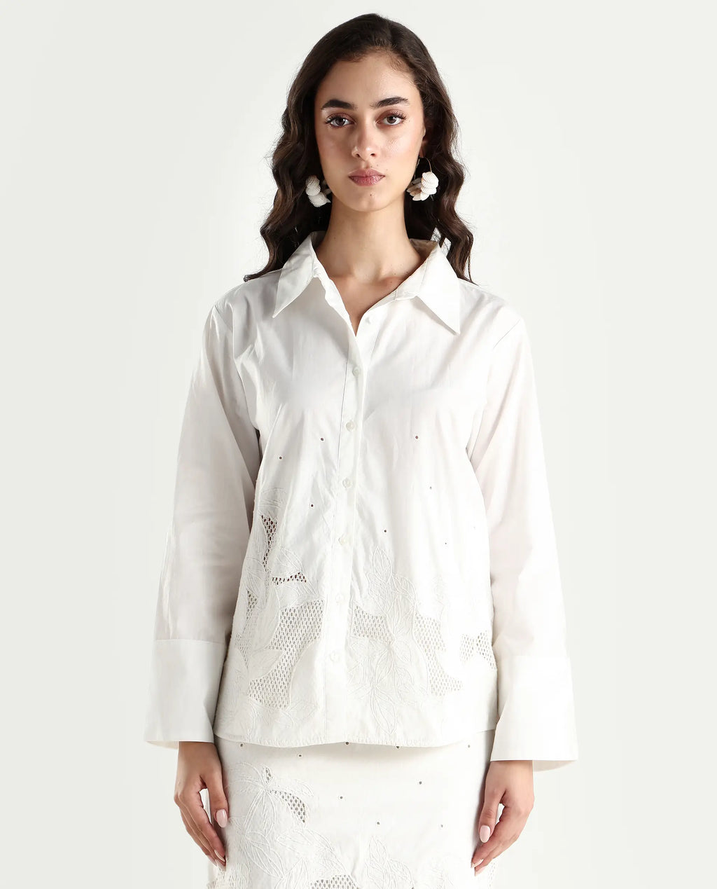 Rareism Women's Quitti Light White Cotton Spread Collar Plain Bell Sleeve Regular Fit Top