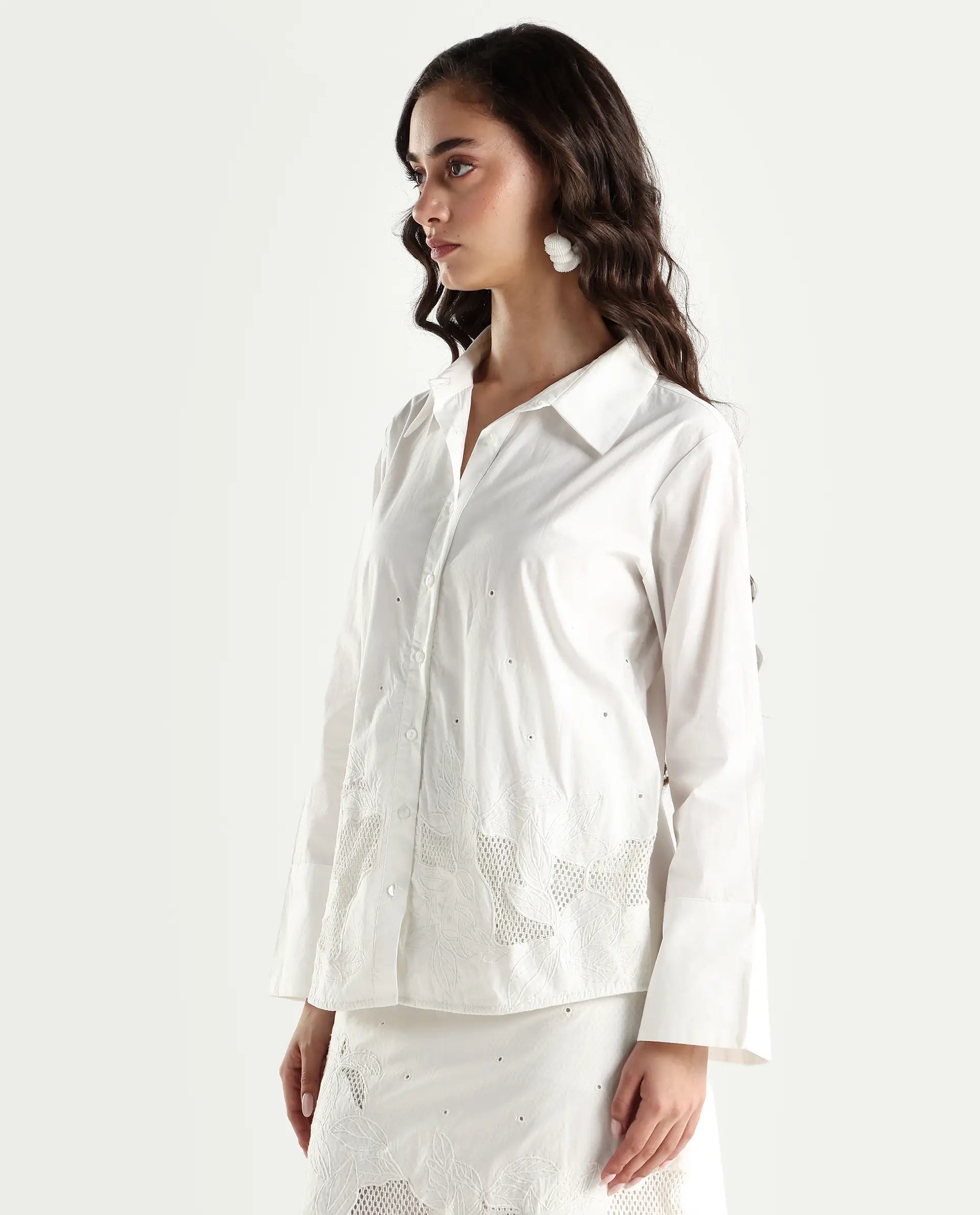 Rareism Women's Quitti Light White Cotton Spread Collar Plain Bell Sleeve Regular Fit Top