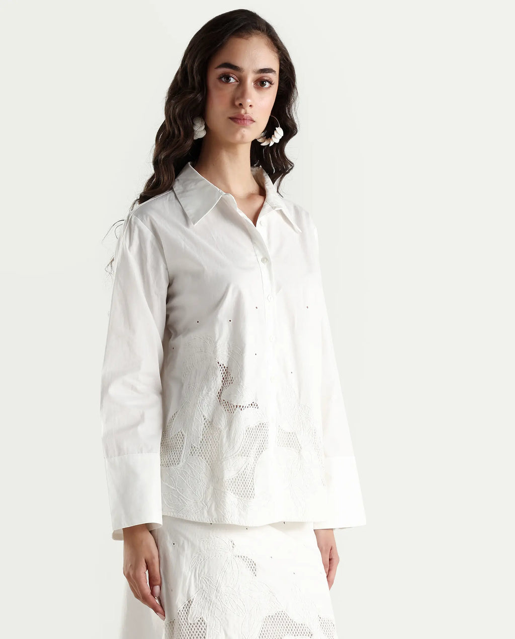 Rareism Women's Quitti Light White Cotton Spread Collar Plain Bell Sleeve Regular Fit Top
