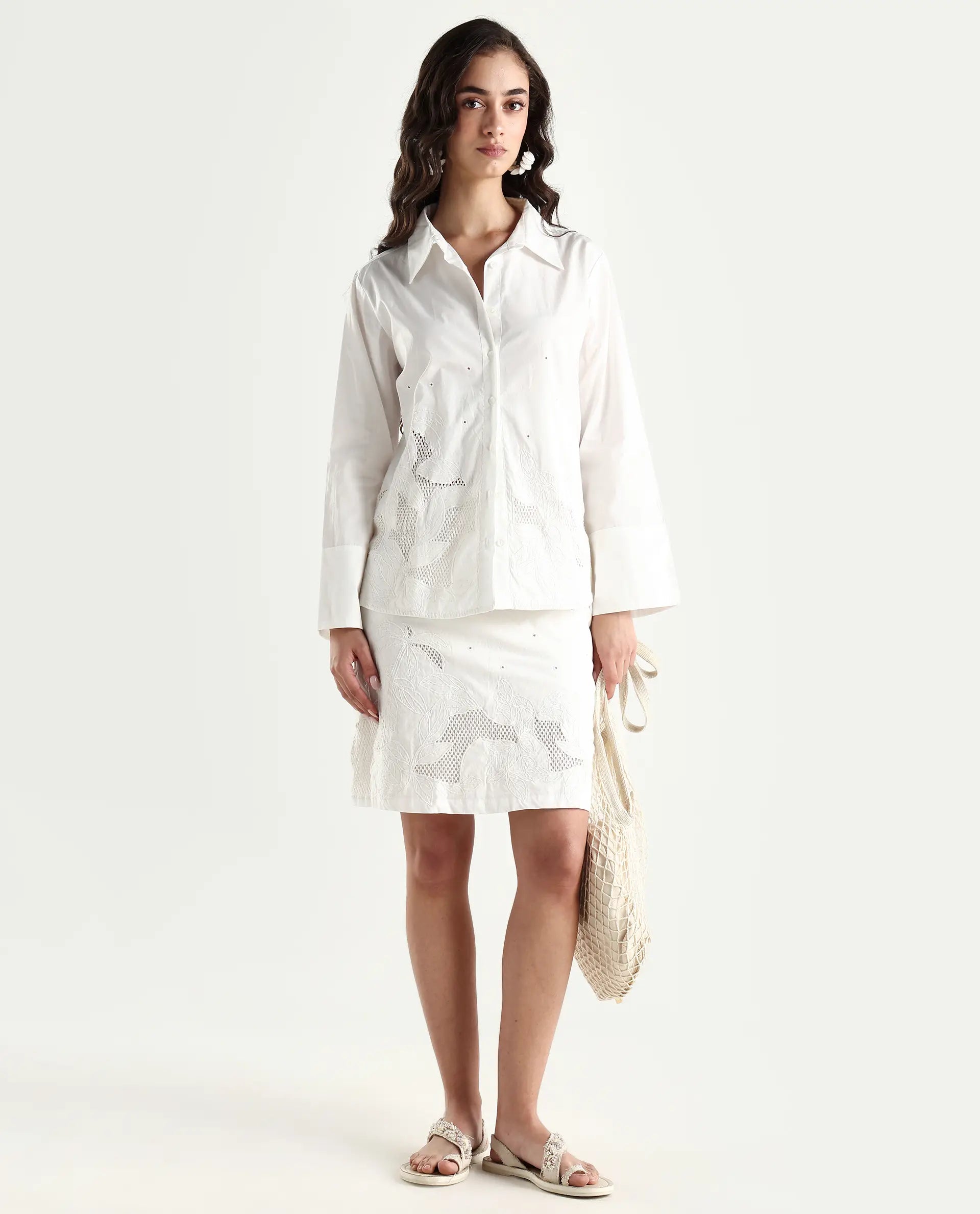 Rareism Women's Quitti Light White Cotton Spread Collar Plain Bell Sleeve Regular Fit Top